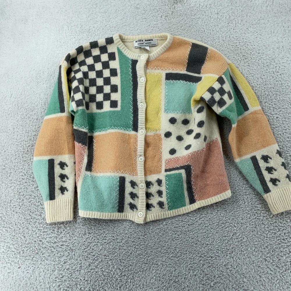 Vtg‎ Kitty Hawk by Vivian Wang Cardigan Sweater Womens M CROP FIT Patchwork 90s